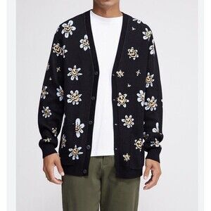 Vans Men’s Size Large Hilltop Cardigan Sweater Daisy Smileys Black